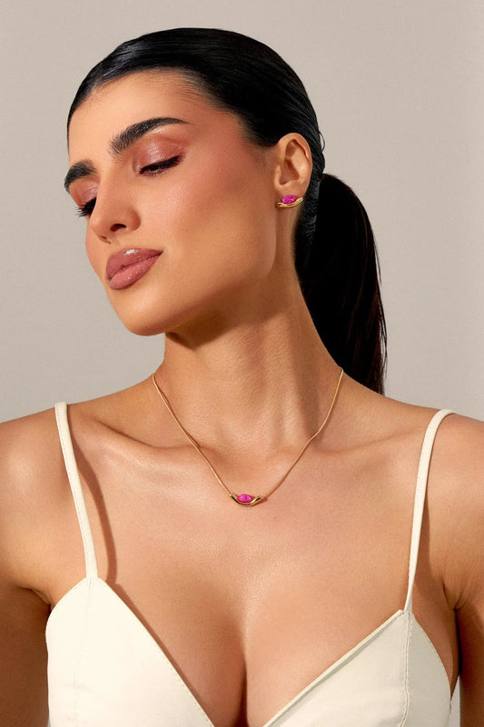 Colar Sentir - Feldspato Rosa Pink  Banho de Ouro 18K