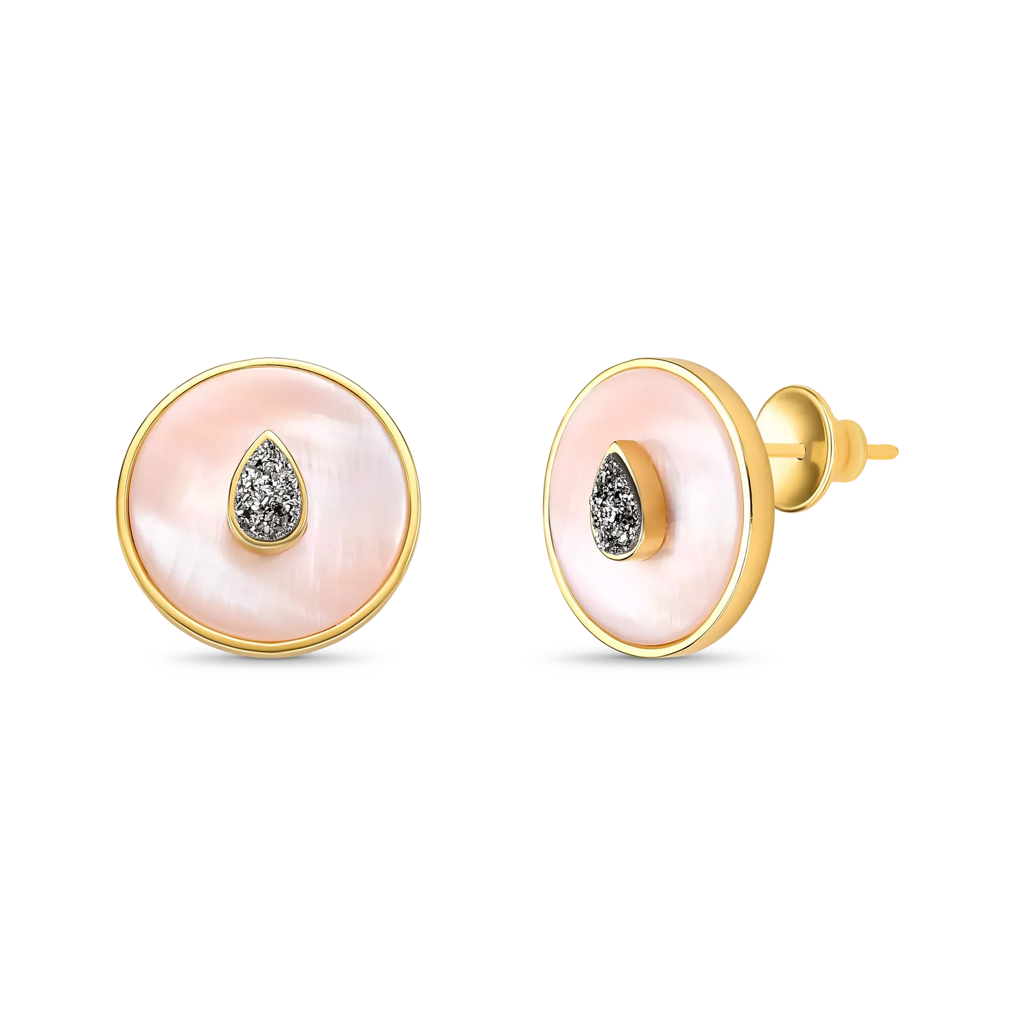 Brinco Transformação - Drusa Titânio e Malaquita em Banho de Ouro 18K: para atrair autenticidade, coragem,  e fortalecimento da intuição.