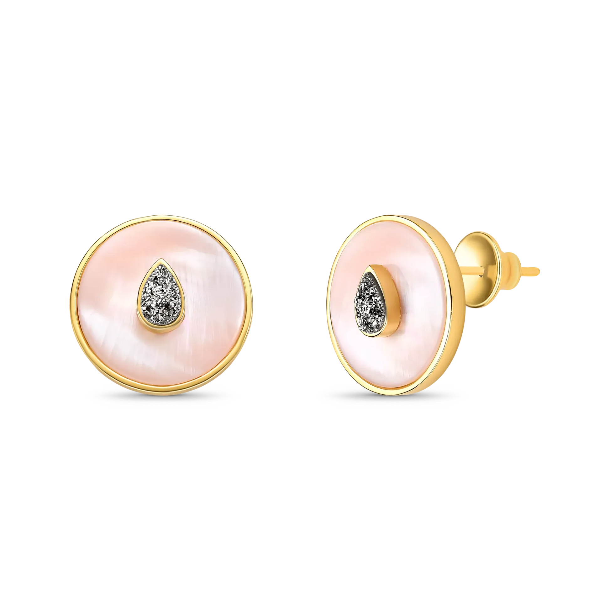 Brinco Transformação - Drusa Titânio e Malaquita em Banho de Ouro 18K: para atrair autenticidade, coragem,  e fortalecimento da intuição.